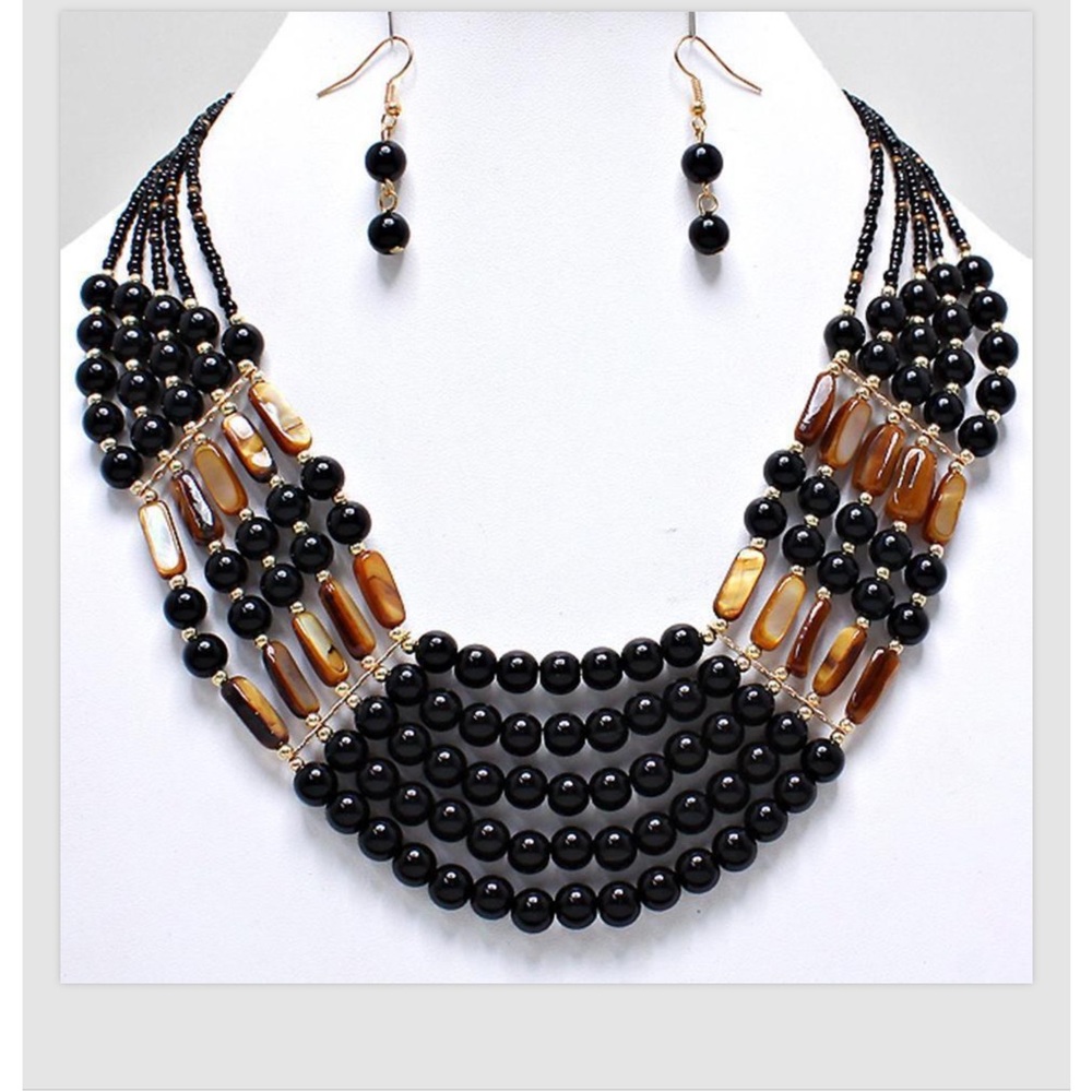 Black Bead Necklace Earrings Set Multi Strand Women Jewelry Set